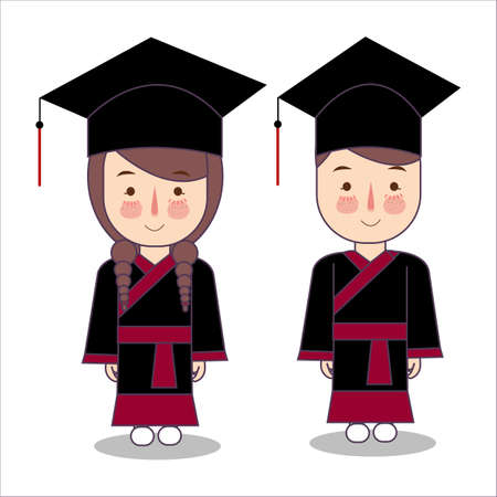 Japanese style vector cartoon style kids characters in graduation robe toga cap. Boy and girl pupil isolated on white background. illustrationのイラスト素材