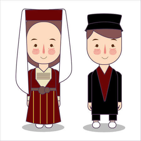 traditional national clothes of Russian Circassians Adighe. Set of cartoon characters in traditional costume. Cute people. Vector flat illustrations.のイラスト素材