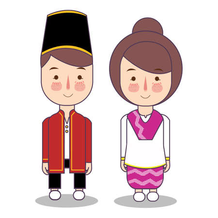 North Maluku province wedding Couple, cute Indonesian traditional clothes costume bride and groom cartoon vector illustration flatのイラスト素材