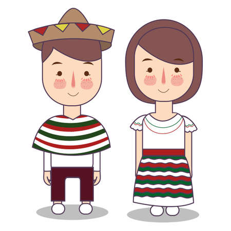Vector illustration of mexican children, boy, girl, people Set of mexican woman and man dressed in national costumes. flatのイラスト素材