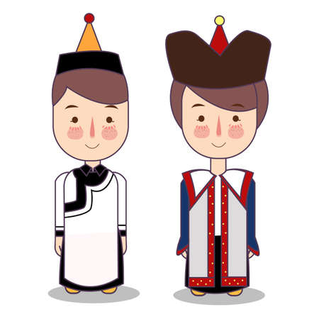 Mongolian boy and girl in national costume and hat. Cartoon children in traditional dress. Vector illustration flat.のイラスト素材
