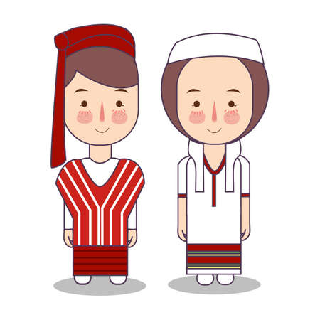 Myanmar Burma wedding Couple, cute Indonesian traditional clothes costume bride and groom cartoon vector illustration flatのイラスト素材