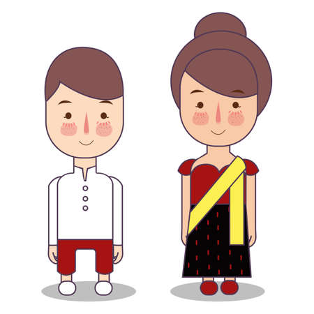 Myanmar Burma wedding Couple, cute Indonesian traditional clothes costume bride and groom cartoon vector illustration flatのイラスト素材