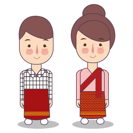 Laos wedding Couple, cute Indonesian traditional clothes costume bride and groom cartoon vector illustration flatのイラスト素材