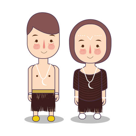 Papua province wedding Couple, cute Indonesian traditional clothes costume bride and groom cartoon vector illustrationflatのイラスト素材