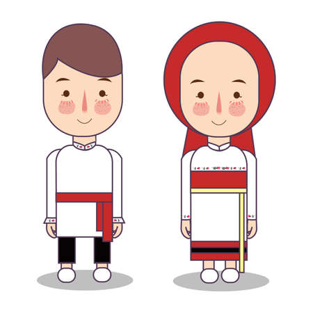 traditional national clothes of Russia. Set of cartoon characters in russian traditional costume. Cute people. Vector flat illustrations.のイラスト素材