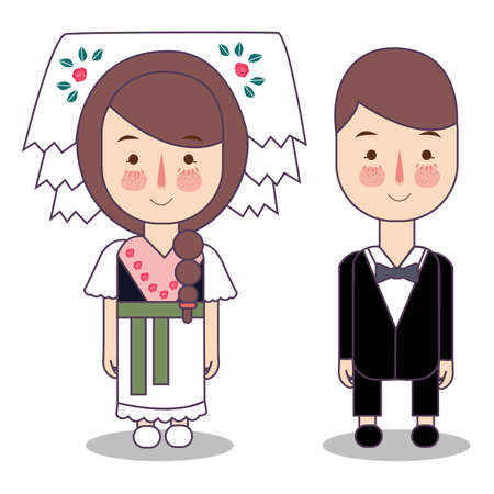 traditional national clothes of Russia. Set of cartoon characters in russian traditional costume. Cute people. Vector flat illustrations.のイラスト素材