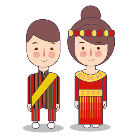 South Sulawesi province wedding Couple, cute Indonesian traditional clothes costume bride and groom cartoon vector illustration flatのイラスト素材