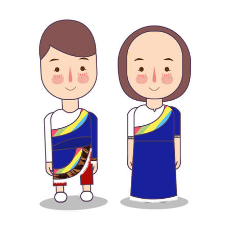 Tibet wedding Couple, cute tibetan traditional clothes costume bride and groom cartoon vector illustrationのイラスト素材