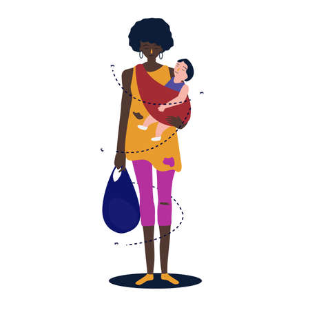 African mother the baby is hugging her to make her. Refugee woman standing poor poverty. Vector illustration.のイラスト素材