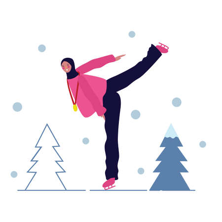 sport, fitness and people concept - happy muslim woman in hijab ice skating skate outdoor doing exercisesのイラスト素材