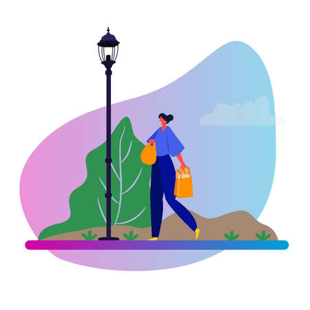 Woman female walking in the park after shopping. Vector illustration of girl shopperのイラスト素材