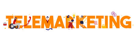 telemarketing talk online telesales call center sstaff team communicating with client consumer. Vector illustrationのイラスト素材