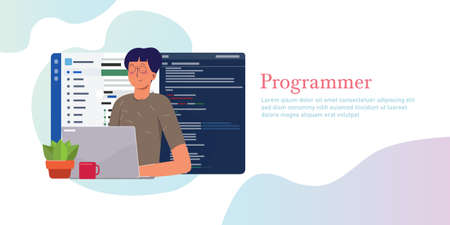 Programmer working writing code on laptop with line of code programming language on screen.のイラスト素材