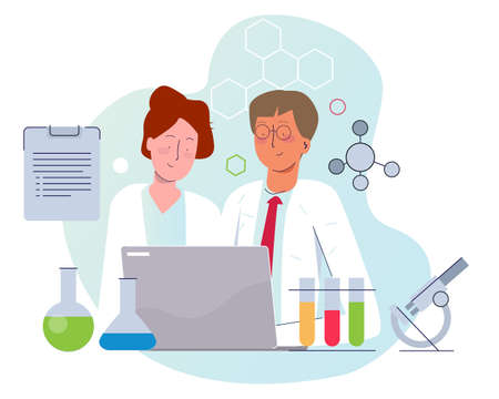 Two scientist working on lab wearing white laboratory uniform. Male and female working together with laptop microscope test tube chemistryのイラスト素材