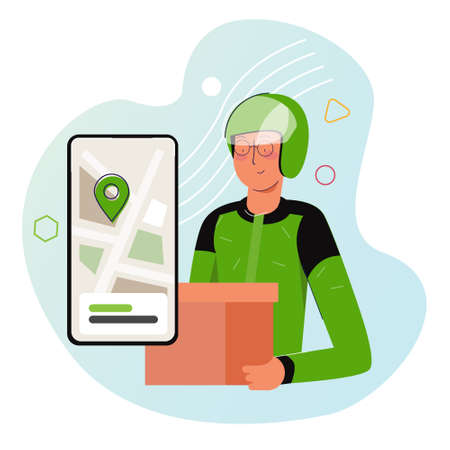 Courier from motorcycle ride-hailing service in Indonesia sending box of food to customer. Wearing green jacket and helmet with smart phone app with map pointerのイラスト素材