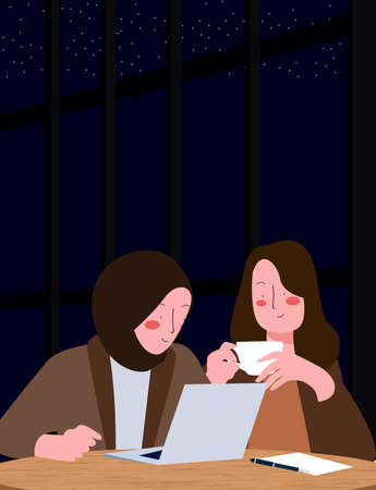 Muslim Woman sitting at laptop. Girl in hijab chatting with friend. Flat hand drawn style vector illustrationのイラスト素材