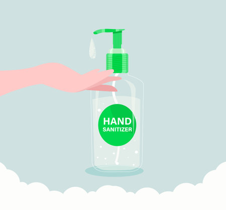 Disinfection concept. Liquid soap with pumping from bottle. Applying a moisturizing sanitizer. Washing hands.のイラスト素材