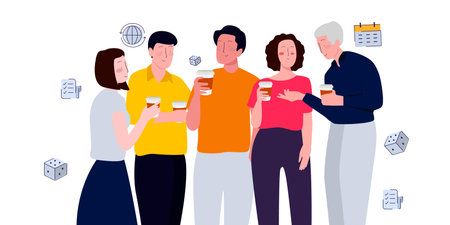 coffee break people holding drink coffee in a cup chatting talking with friends and colleagues....