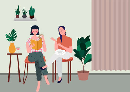 Woman sitting relaxed read book while eat snack and chatting with friend. modern flat cartoon style.のイラスト素材