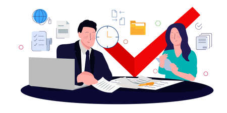 Manager is validating customer data submitted by his female staff. Red Check mark concept approval in businessのイラスト素材