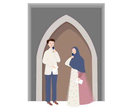 Man and woman host standing present Islam ceremony on stage holding microphoneのイラスト素材