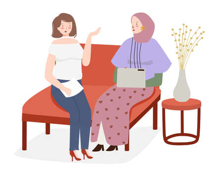 interview woman with mass media reporter. sit on sofa talk showのイラスト素材