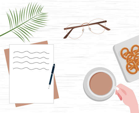 Top view of coffee cookie spectacles notes on table with modern flat design vector illustration.のイラスト素材