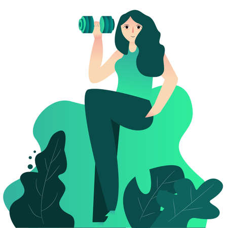 Beautiful woman exercise lifting barbell build her biceps modern flat cartoon design vector illustration.のイラスト素材