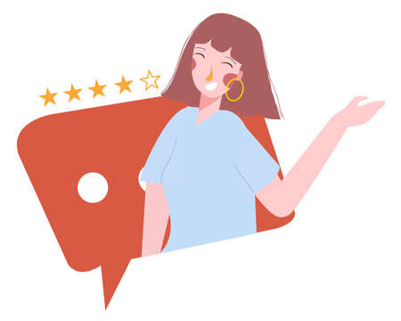 Young women give testimonial comments and positive ratings on the online application modern flat cartoon design vector illustration.のイラスト素材