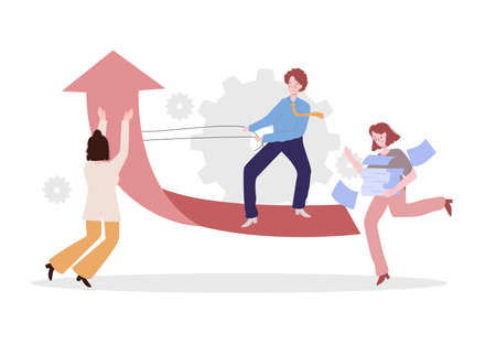 Executives work together control and raise up arrow. perfect for increase sales modern flat cartoon style.のイラスト素材