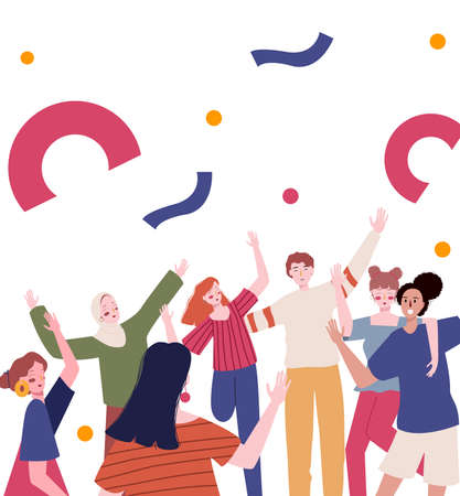 Celebrating success achievement with multi-ethnic college friend modern cartoonのイラスト素材