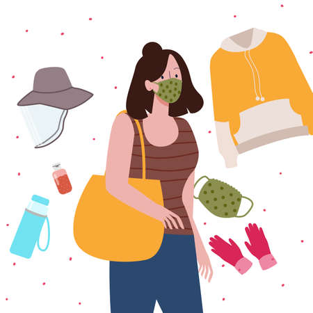 Women prepare item brought in bag leaving house jacket hand sensitizers mask cap gloves drink bottle flat cartoon style.のイラスト素材