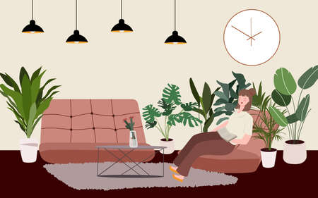 Woman read book sitting on sofa hanging lamp wall clock and many ornamental plant nearby with flat cartoon style.のイラスト素材
