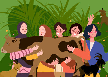 Muslim youth group hug cow with affection for sacrifice background goat leaf floral flat cartoon style.のイラスト素材