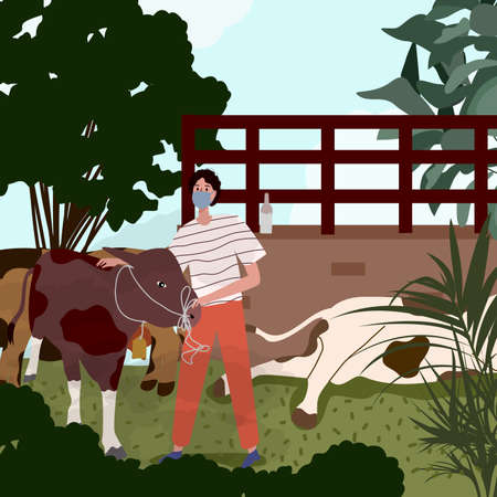 Men wear mask holding cow near cowshed for sacrifice ied al adha with modern flat cartoon style.のイラスト素材