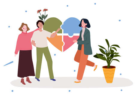 Mental health concept man walk with girlfriend waving hand other women background of pieces puzzle flower modern flat cartoon style.のイラスト素材