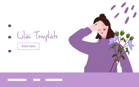 Lilac woman smile happy seeing lilac flower campaign for web website home homepage template landing page banner with flat style.のイラスト素材