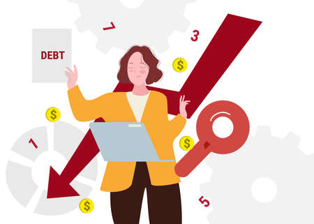 women working on laptop background of arrow decreased dollar sign debt crisis concept with cartoon flat style.のイラスト素材
