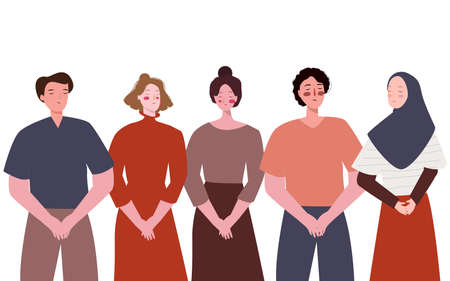 Group young people men women feels sorry holding hand unhappy expression with flat cartoon style.のイラスト素材