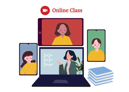 Teacher math lesson video conference on laptop smartphone with student online class concept flat cartoon style.のイラスト素材