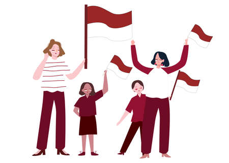Women and children holding Indonesian flag show spirit of independence with flat cartoon styleのイラスト素材