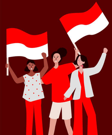 Group lady very happy smile holding red white flag celebration indonesian independenceのイラスト素材