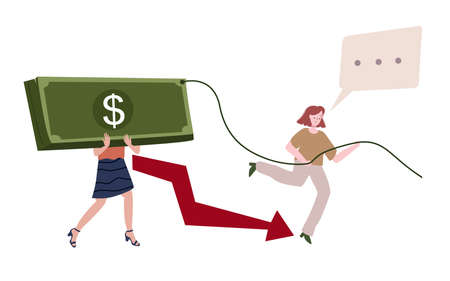 People bring big money tied rope background arrows down women run with bubble talk concept of corruption degrades economy flat cartoon style.のイラスト素材