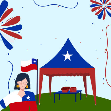 Viva chile concept women wear apparel chile flag background red blue tent on ground with flat cartoon styleのイラスト素材