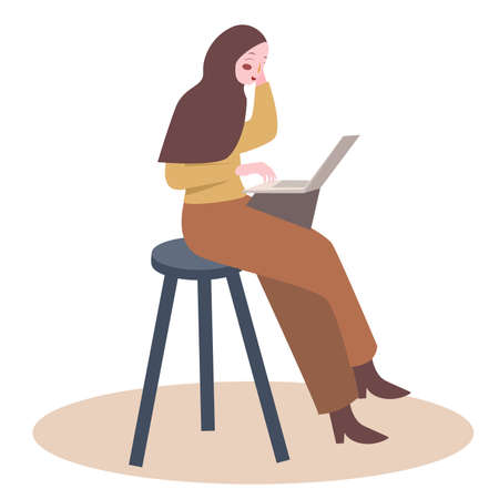 Muslim women writing on laptop site on chair white isolated background with flat cartoon styleのイラスト素材