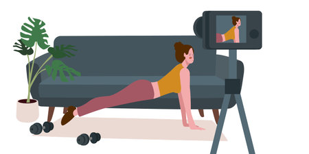 Women vlogger training work out fitness online front camera video with flat cartoon style