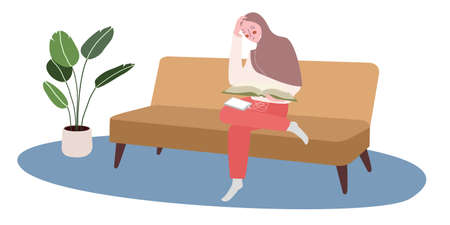 Muslim women sitting on sofa study hard read book use earphone white isolated background with flat cartoon styleのイラスト素材