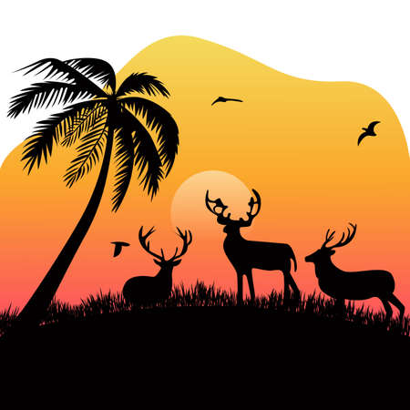 Group deer on meadow flying bird coconut tree at dusk silhouette with flat styleのイラスト素材
