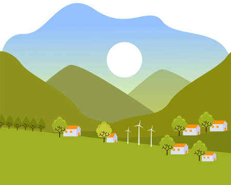 Mountains landscape windmill power generator with flat cartoon styleのイラスト素材